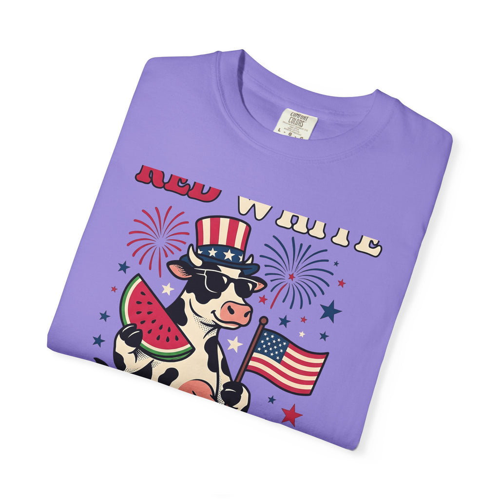 Patriotic Cow T-Shirt 4th Of July Farming Gift Women Animated T-Shirt Cowgirl T-Shirt Independence Fan Cartoon T-Shirt Agricultural Graphic Classic