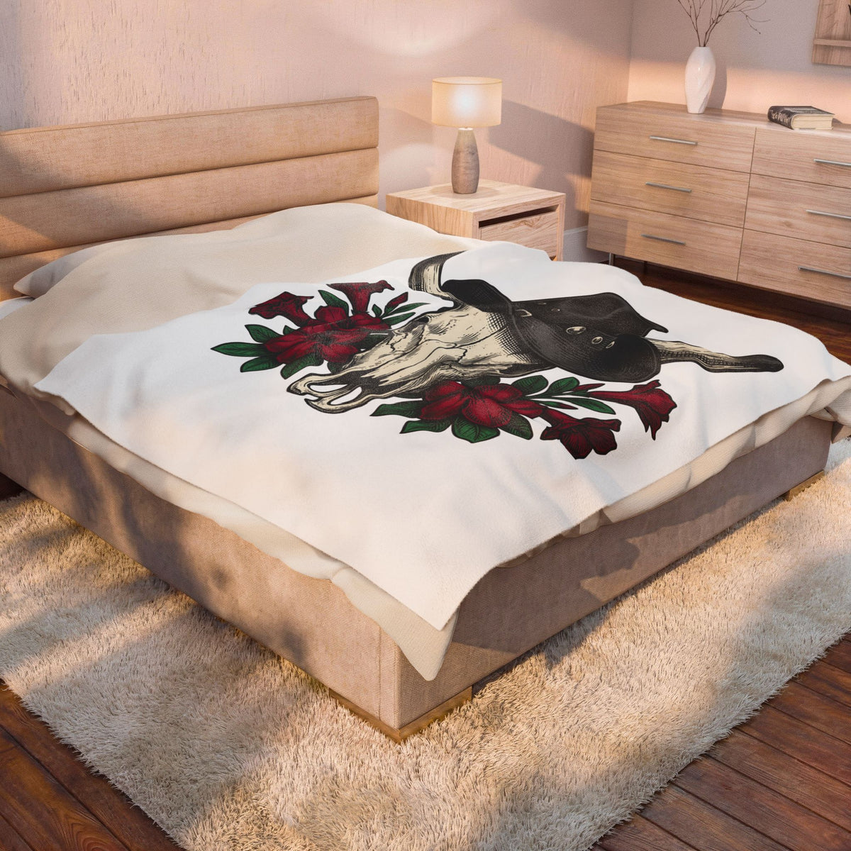 Bull Skull Hat Blanket Cowgirl Ranch Gift Women Line Art Blanket Skull Cap Blanket Cowgirl Fan Illustration Graphic Retro Crimson Blooms Blanket