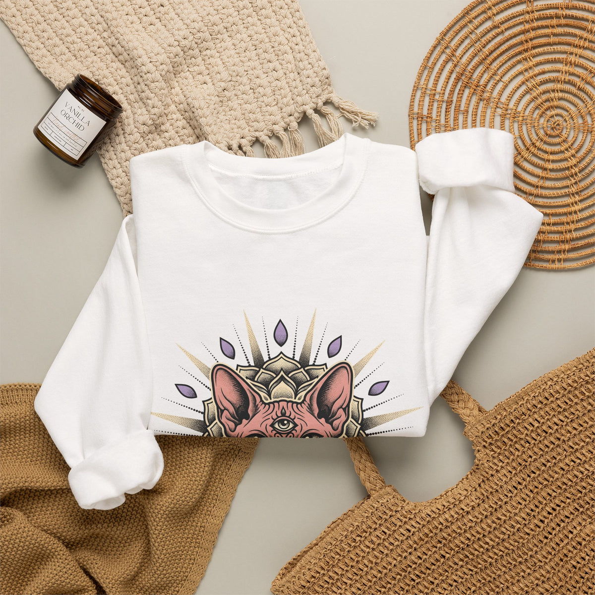 Sphynx Pet Sweatshirt Cat Meditation Gift Women Tribal Sweatshirt Hairless Cat Sweatshirt Cat Fan Tribalism Sweatshirt Mindfulness Graphic Etched Circle Design
