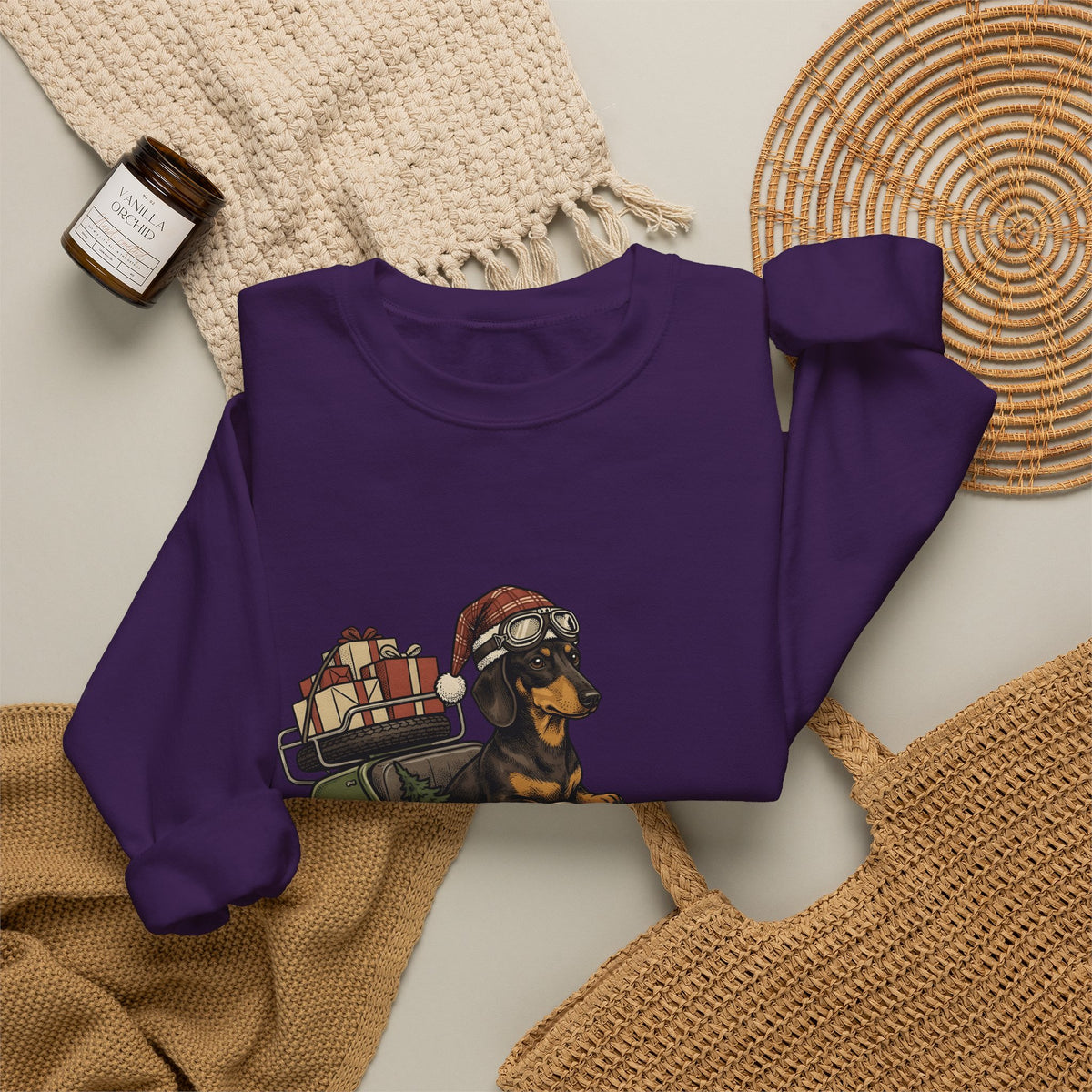 Wiener Dog Sweatshirt Christmas Creatures Gift Women Old School Sweatshirt Dachshund Sweatshirt Holiday Fan Retro Sweatshirt Animal Graphic Doodle Motorbike