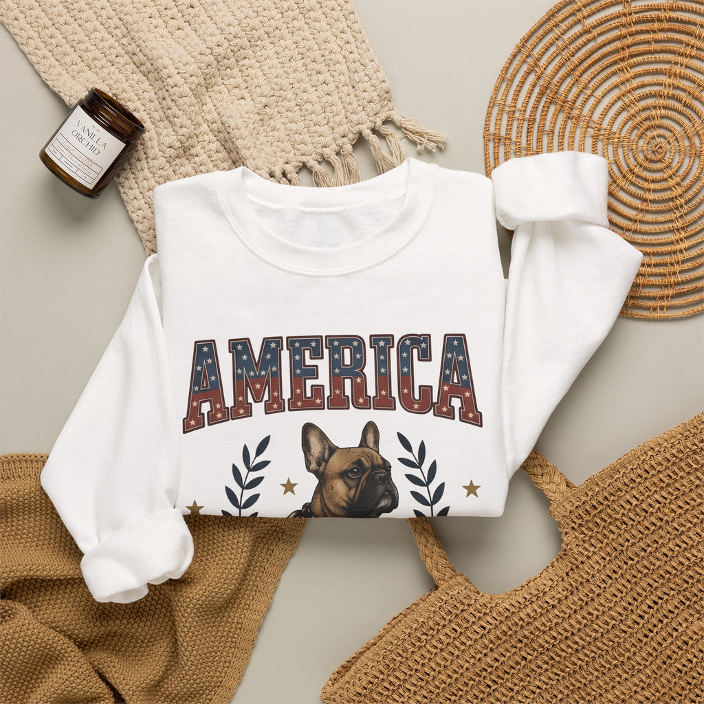 French Bulldog Sweatshirt America Patriotic Gift Women Vintage Sweatshirt Bouledogue Sweatshirt American Fan Retro Illustration Graphic Retro Stars Sweatshirt