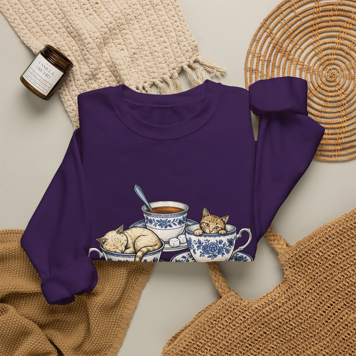 Cat Teacup Sweatshirt Cat Beverage Gift Women Retro Sweatshirt Kitty Sweatshirt Cat Fan Vintage Sweatshirt Coffee Graphic Sketch Flower Design Sweatshirt