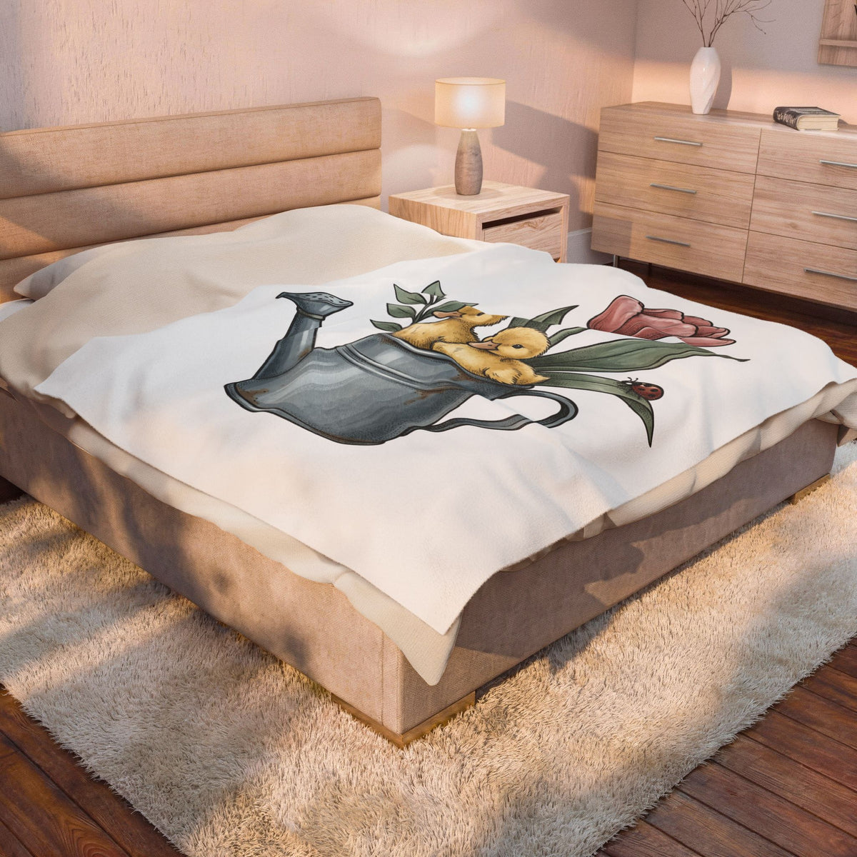 Baby Ducks Watering Pot Blanket Easter Garden Gift Women Sketch Blanket Duckling Blanket Spring Fan Doodle Blanket Gardening Graphic Retro Flower