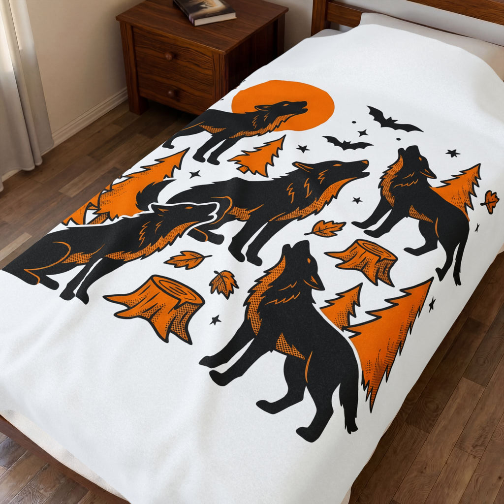 Wolf Crew Blanket Halloween Fauna Gift Women Minimalist Blanket Wolf Pack Blanket Horror Fan Werewolf Blanket Wildlife Graphic Sketch Bats Flying