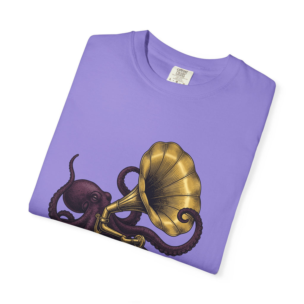 Octopus Phonograph T-Shirt Animal Sound Gift Women Classic T-Shirt Gramophone T-Shirt Pet Fan Retro T-Shirt Audio Graphic Doodle Music Player