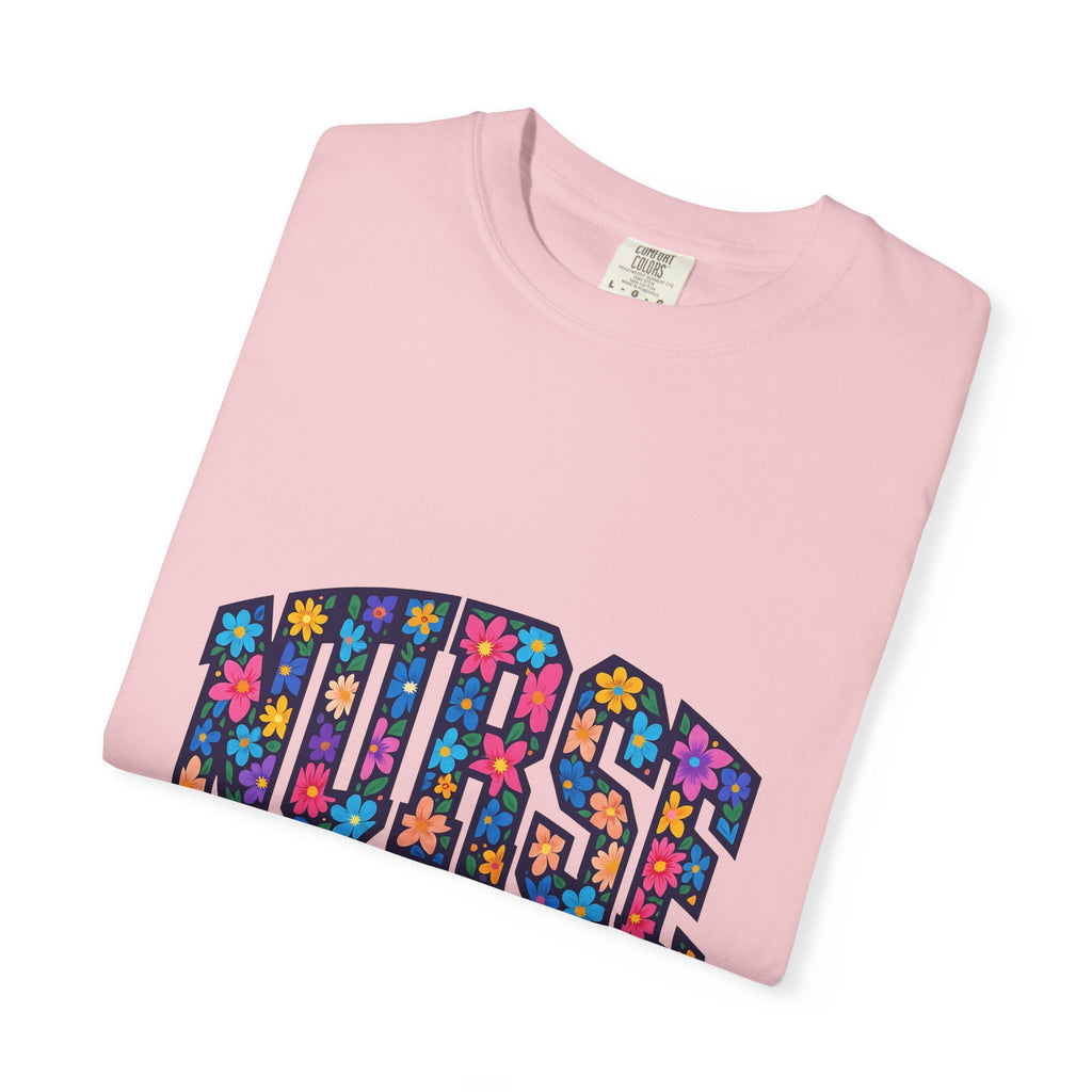 Blossom Lettering T-Shirt Nurse Thanks Gift Women Striking T-Shirt Calligraphy T-Shirt Healthcare Enthusiast Bold T-Shirt Appreciation Graphic