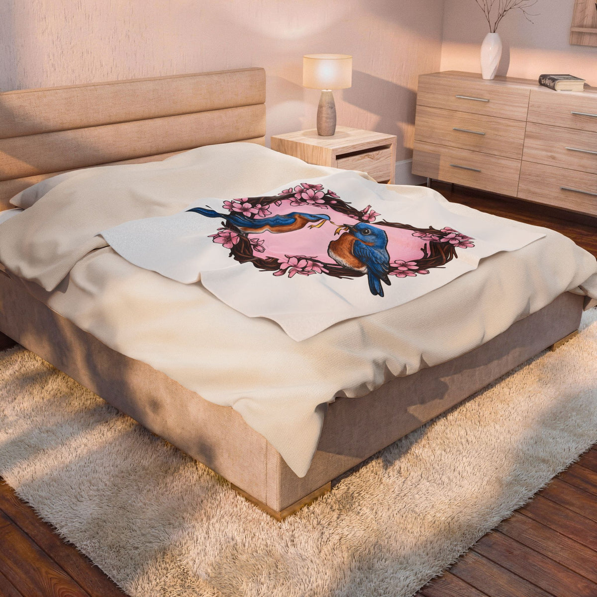 Bluebirds Heart Blanket Cute Romantic Gift Women Hand Drawn Blanket Lovebird Blanket Adorable Fan Illustrated Blanket Amorous Graphic Vintage