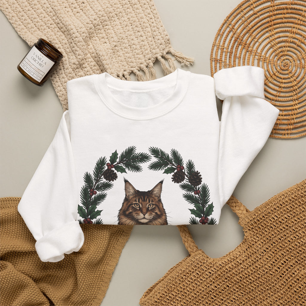 Maine Coon Kitten Sweatshirt Cat Holiday Gift Women Floral Sweatshirt Kitten Sweatshirt Cat Fan Fancy Sweatshirt Christmas Graphic Retro Pine Twigs Sweatshirt