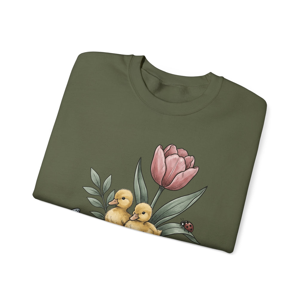 Baby Ducks Watering Pot Sweatshirt Easter Garden Gift Women Sketch Sweatshirt Duckling Sweatshirt Spring Fan Doodle Sweatshirt Gardening Graphic Retro Flower