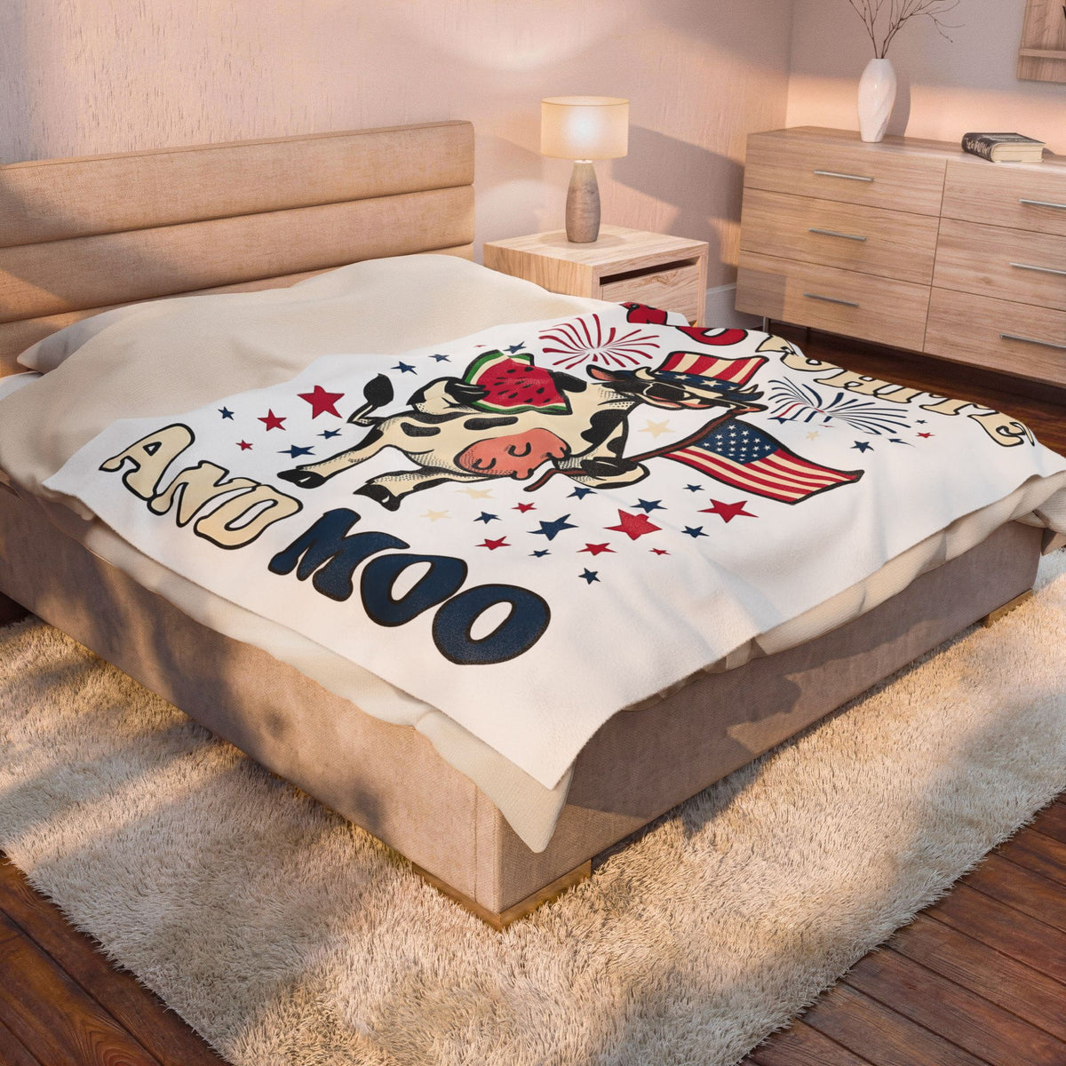 Patriotic Cow Blanket 4th Of July Farming Gift Women Animated Blanket Cowgirl Blanket Independence Fan Cartoon Blanket Agricultural Graphic Classic