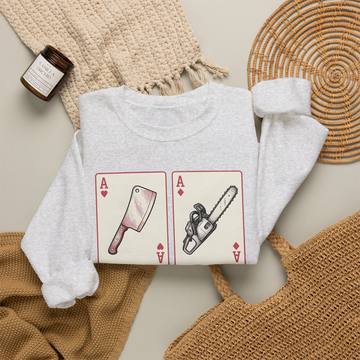 Spooky Card Deck Sweatshirt Halloween Fright Gift Women Hand Drawn Sweatshirt Tarot Card Sweatshirt Horror Fan Illustrated Sweatshirt Scary Graphic Cartoon