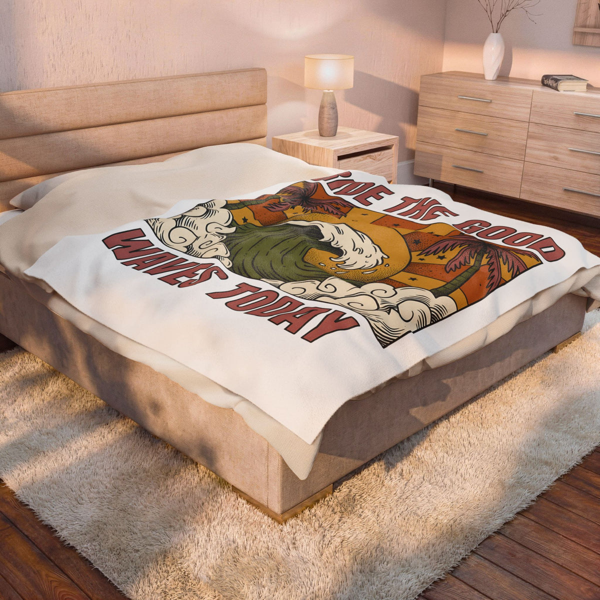 Sea Surf Blanket Surfing Seaside Gift Women Retro Blanket Wave Blanket Surfer Fan Vintage Blanket Coastal Graphic Hand Drawn Tropical Palms Blanket