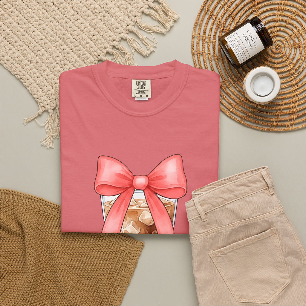 Iced Coffee T-Shirt Coffee Mom Gift Women Watercolor T-Shirt Cold Brew T-Shirt Coffee Fan Watercolour T-Shirt Mother Graphic Hand Drawn Pink Bow