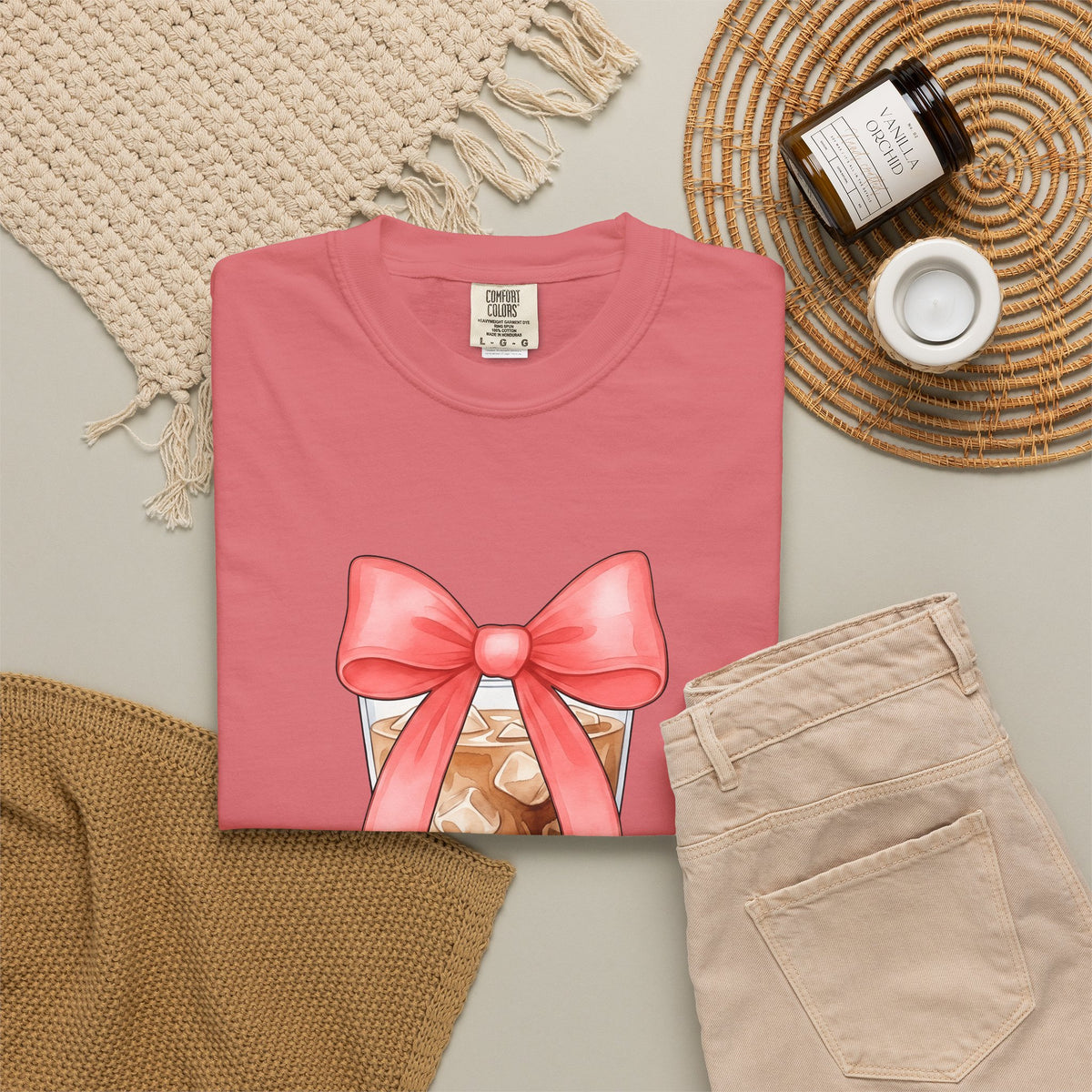 Iced Coffee T-Shirt Coffee Mom Gift Women Watercolor T-Shirt Cold Brew T-Shirt Coffee Fan Watercolour T-Shirt Mother Graphic Hand Drawn Pink Bow