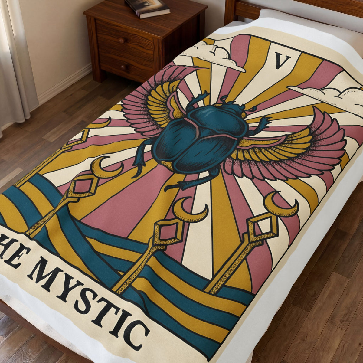 Beetle Blanket Boho Chic Esoteric Gift Women Divination Card Blanket Bug Blanket Bohemian Fan Tarot Blanket Mystical Graphic Hand Drawn Crescent
