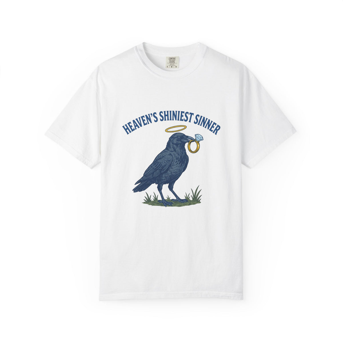 Raven Halo T-Shirt Funny Animal Gift Women Vintage T-Shirt Crow T-Shirt Humor Fan Retro T-Shirt Creature Graphic Hand Drawn Diamond Ring T-Shirt