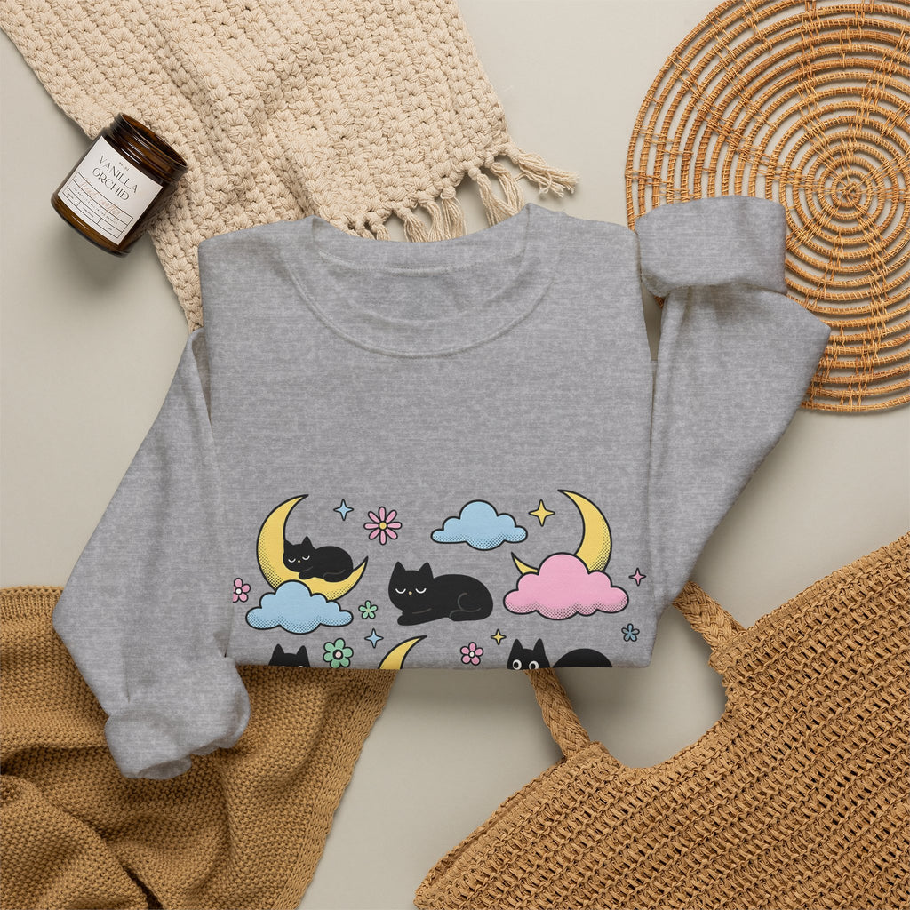 Black Cats Sweatshirt Cat Celestial Gift Women Kawaii Sweatshirt Kitties Sweatshirt Cat Fan Astrology Graphic Sweatshirt Pastel Crescent Moon Sweatshirt