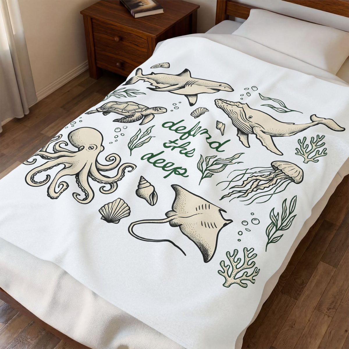 Sea Creatures Blanket Ocean Wildlife Gift Women Sketch Blanket Marine Life Blanket Marine Fan Oceanic Blanket Wildlife Graphic Retro Kelp Blanket