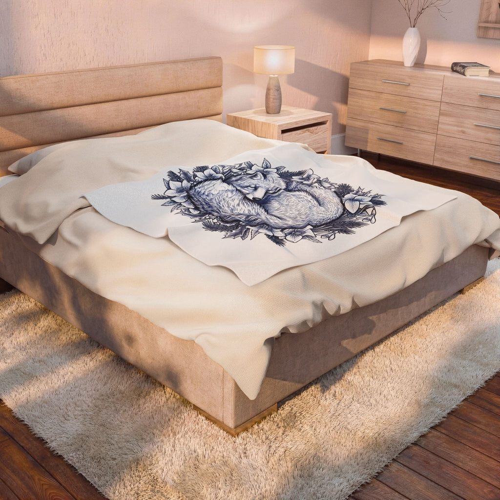 Fox Blossom Blanket Christmas Creature Gift Women Cartoon Blanket Flower Blanket Xmas Fan Comic Blanket Beast Graphic Hand Drawn Pine Branch Blanket