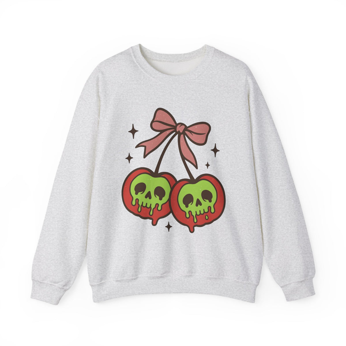 Skull Cherry Sweatshirt Halloween Eerie Gift Women Fun Sweatshirt Sugar Skull Sweatshirt Spooky Fan Cartoon Sweatshirt Dark Graphic Bow Tie Sweatshirt