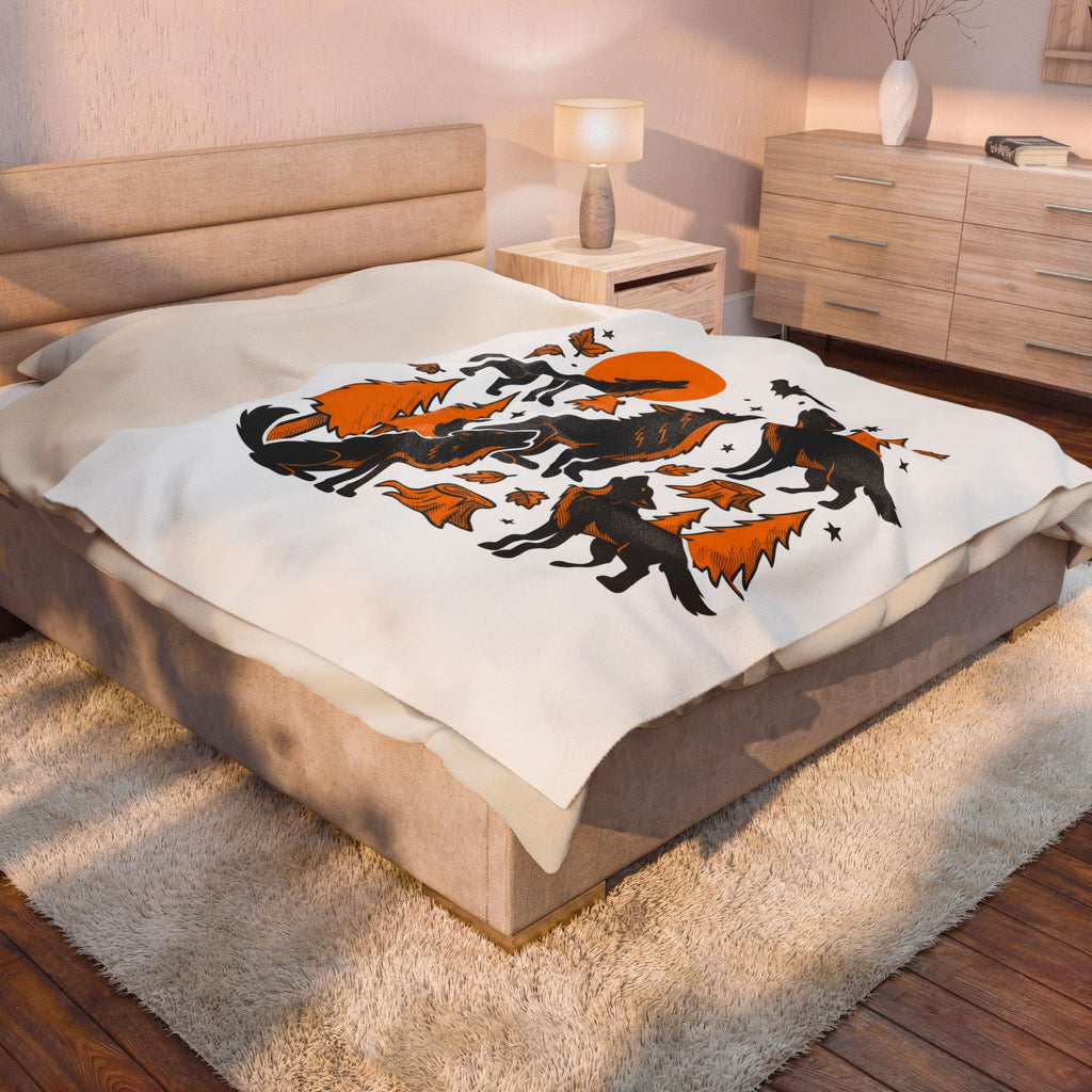 Wolf Crew Blanket Halloween Fauna Gift Women Minimalist Blanket Wolf Pack Blanket Horror Fan Werewolf Blanket Wildlife Graphic Sketch Bats Flying