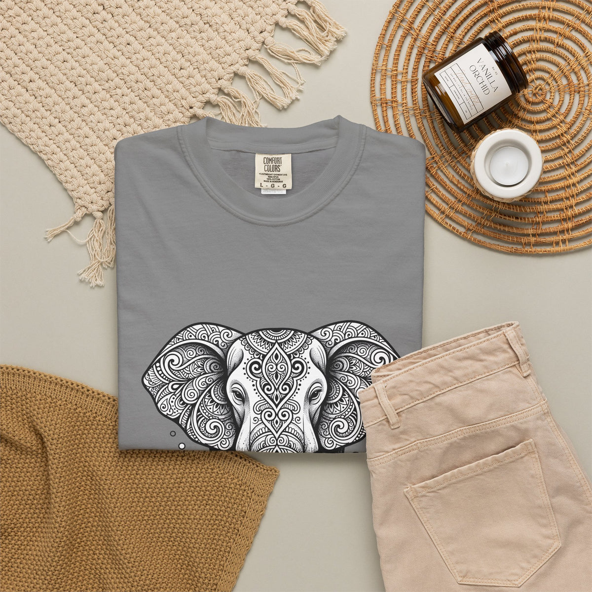 Elephant Art T-Shirt Boho Chic Critter Gift Women Hippie T-Shirt Pachyderm T-Shirt Bohemian Fan Psychedelic T-Shirt Animal Graphic Line Art