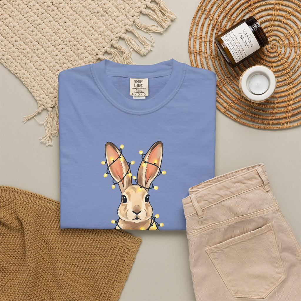 Bunny T-Shirt Animals Holiday Gift Women Cute T-Shirt Rabbit T-Shirt Pet Fan Cute T-Shirt Christmas Graphic Hand Drawn String Lights T-Shirt