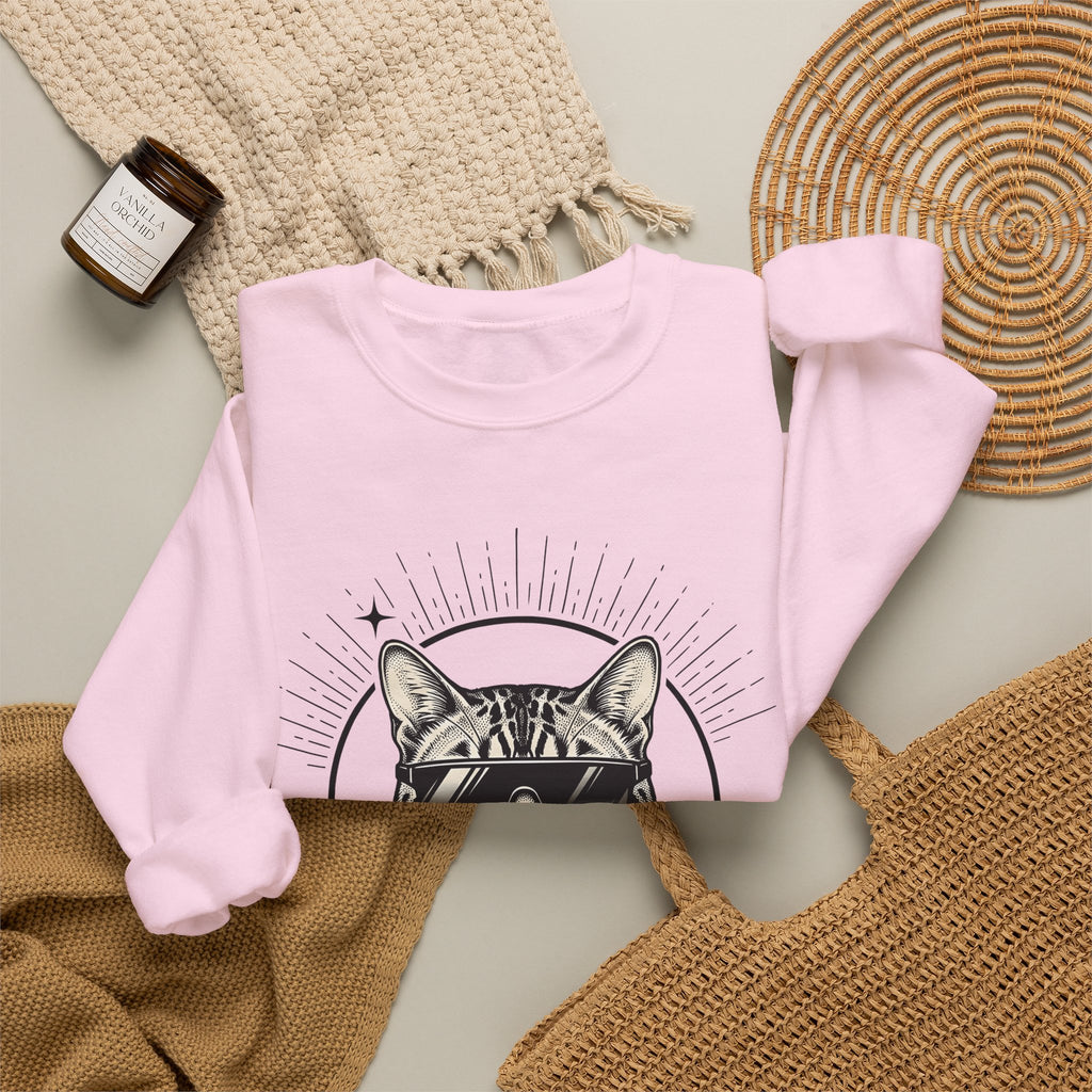 Stylish Cat Sweatshirt Cat Joke Gift Women Illustrative Sweatshirt Kitty Sweatshirt Feline Fan Catty Graphic Old School Cool Glasses Sweatshirt