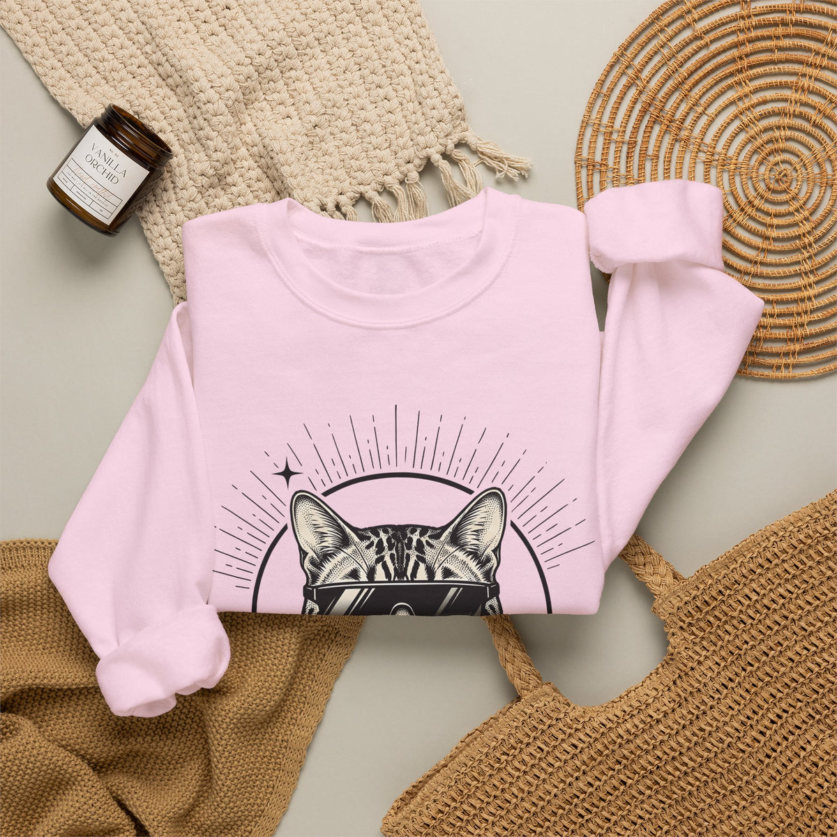 Stylish Cat Sweatshirt Cat Joke Gift Women Illustrative Sweatshirt Kitty Sweatshirt Feline Fan Catty Graphic Old School Cool Glasses Sweatshirt