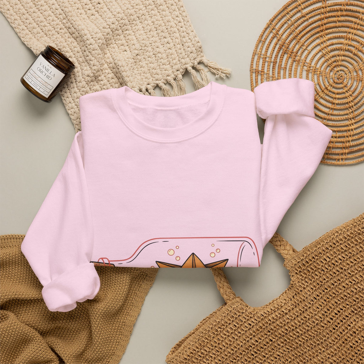 Paper Boat Bottle Sweatshirt Cute Nautical Gift Women Whimsical Sweatshirt Glass Bottle Sweatshirt Adorable Fan Artistic Sweatshirt Maritime Graphic Hand Drawn