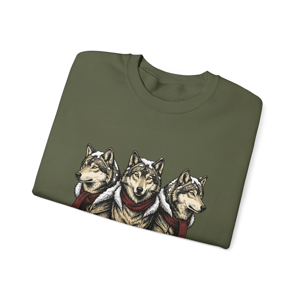 Wolf Trio Sweatshirt Christmas Animal Gift Women Hand Drawn Sweatshirt Pack Sweatshirt Xmas Fan Illustrated Sweatshirt Creature Graphic Vintage Scarf Sweatshirt