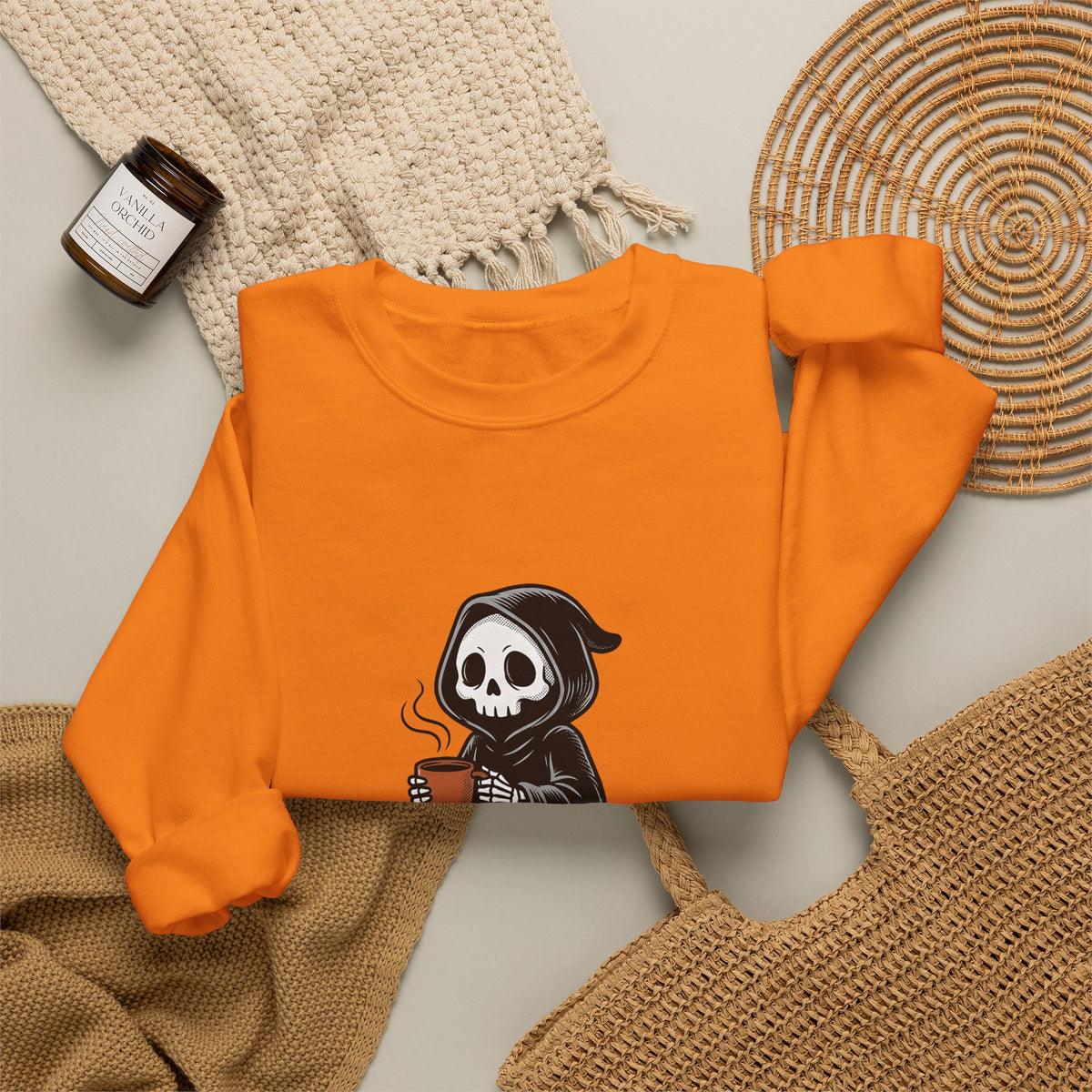 Reaper Skull Sweatshirt Halloween Latte Gift Women Retro Sweatshirt Grim Reaper Sweatshirt Horror Fan Grunge Sweatshirt Coffee Graphic Vintage Sweatshirt Sweatshirt