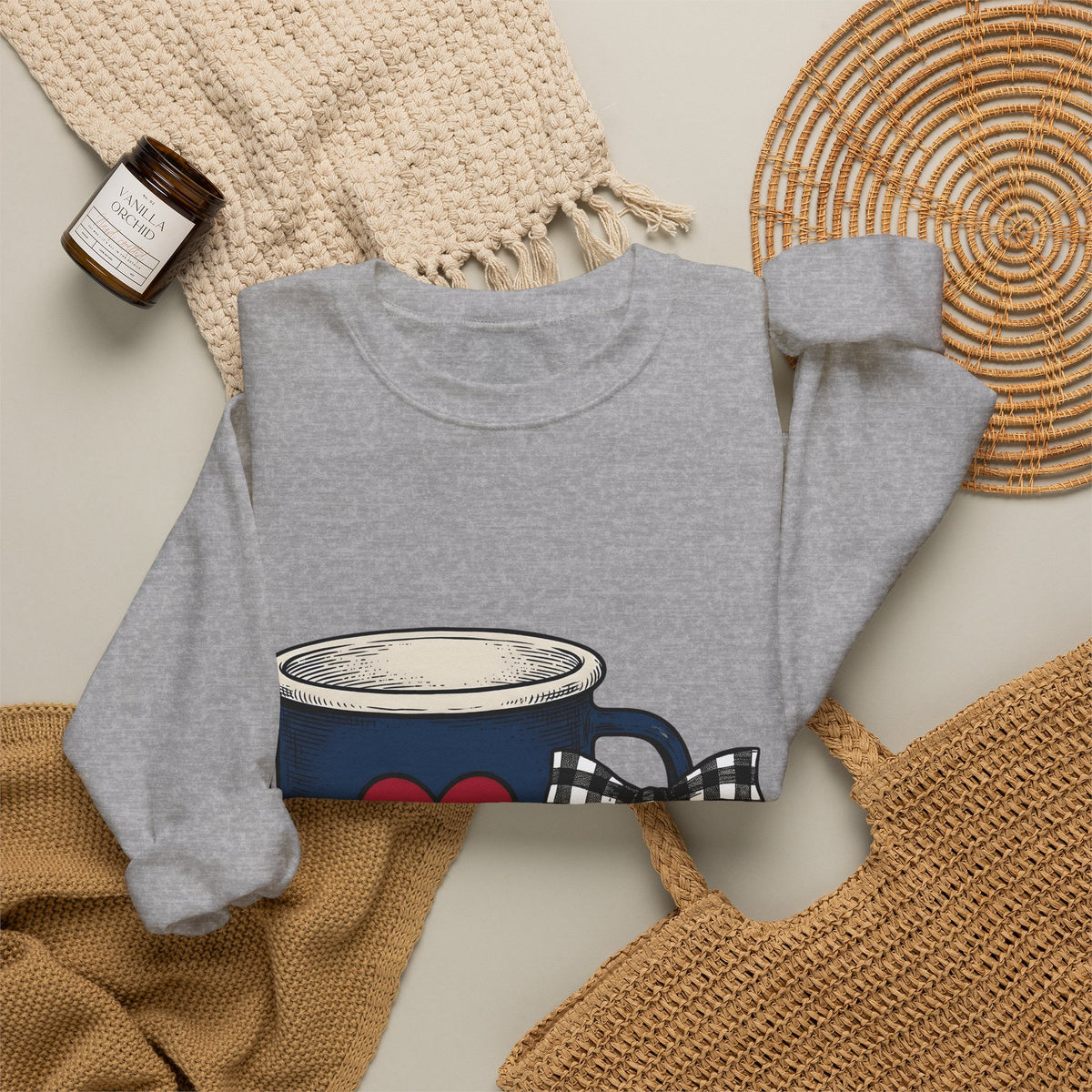 Heart Mug Holiday Coffee Gift Hand Drawn Mug Christmas Fan Coffee Cup Vintage Plaid Sweatshirt