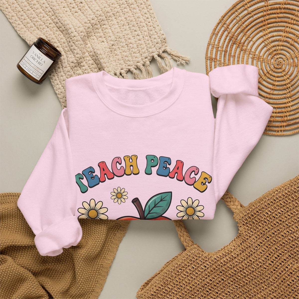 Happy Apple Sweatshirt Teachers Harmony Gift Women Comic Sweatshirt Fruit Sweatshirt Educator Enthusiast Cartoon Sweatshirt Balance Graphic Vintage Wildflowers