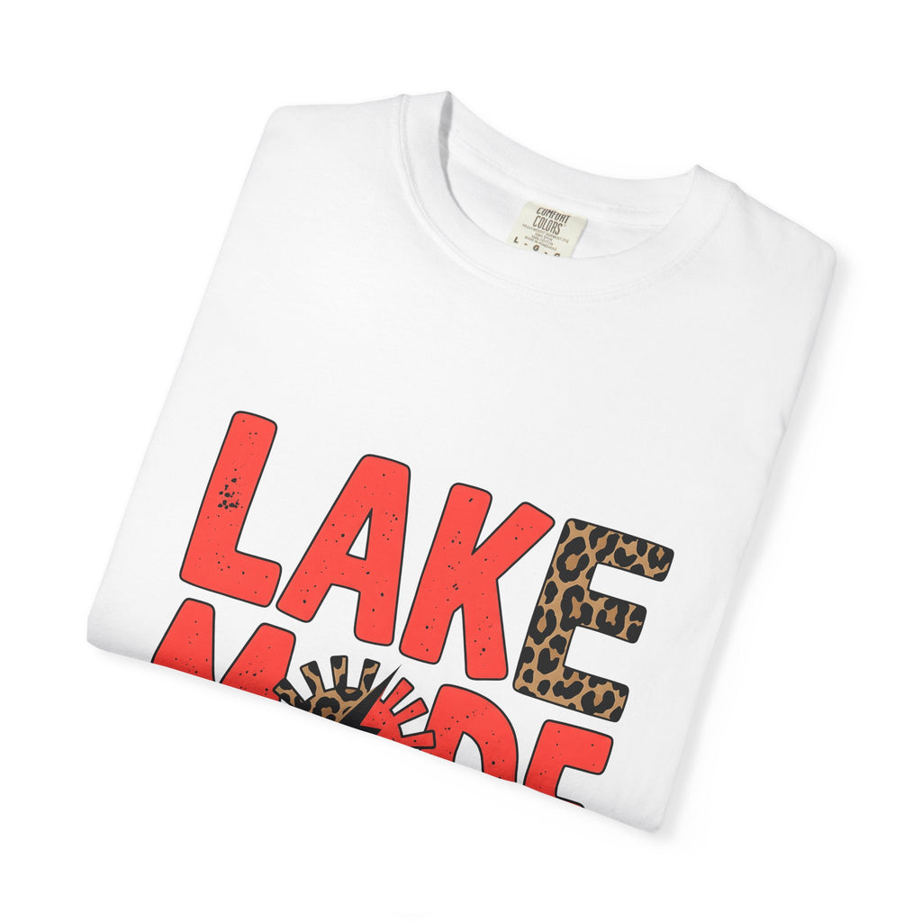 Bold Animal Print Text T-Shirt Lake Summer Gift Women Playful T-Shirt Typography T-Shirt Lakeside Fan Fun T-Shirt Vacation Graphic Retro Leopard