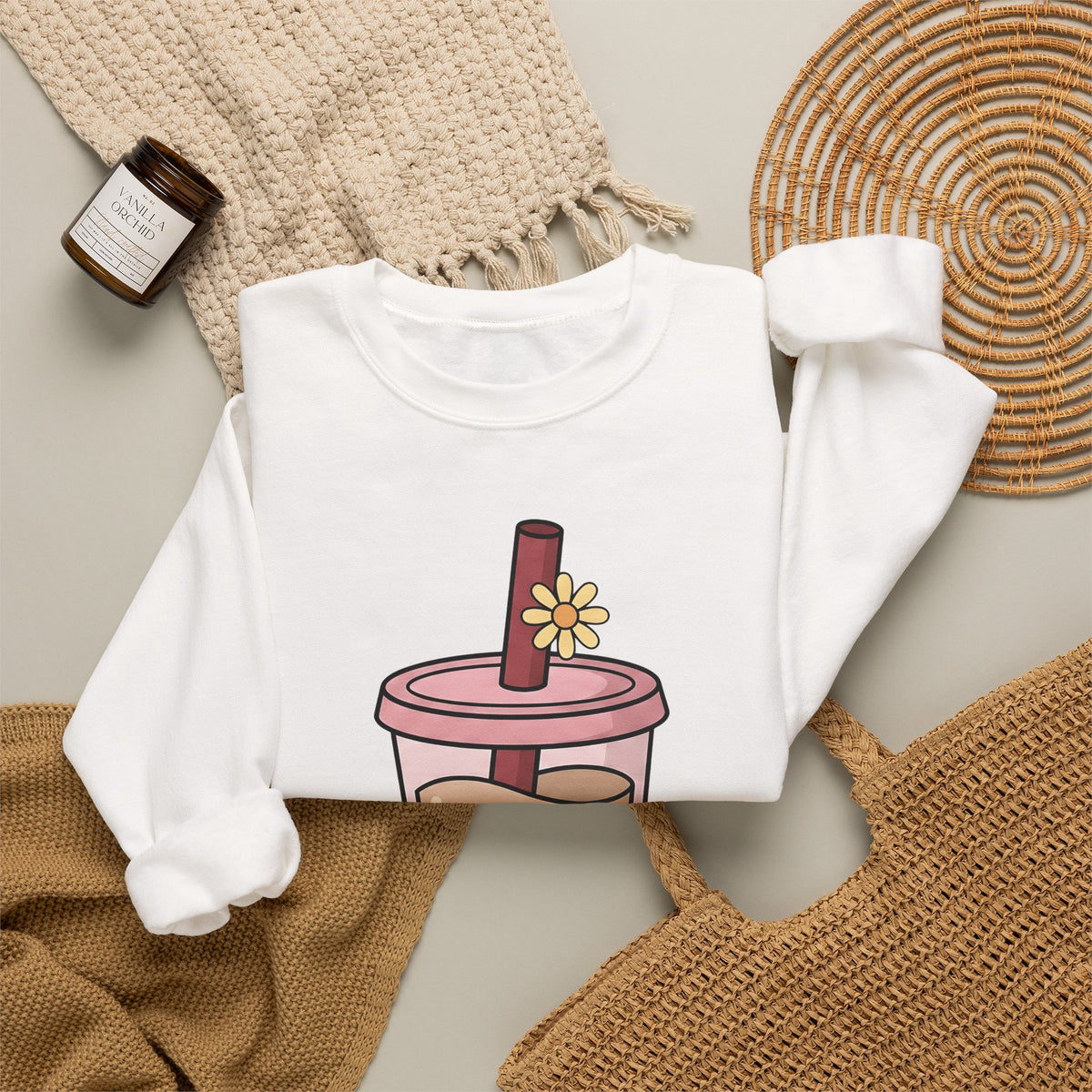 Boba Tea Sweatshirt Drinks Cuisine Gift Women Cute Sweatshirt Bubble Tea Sweatshirt Beverage Fan Milk Tea Sweatshirt Food Graphic Simple Blossom Sweatshirt
