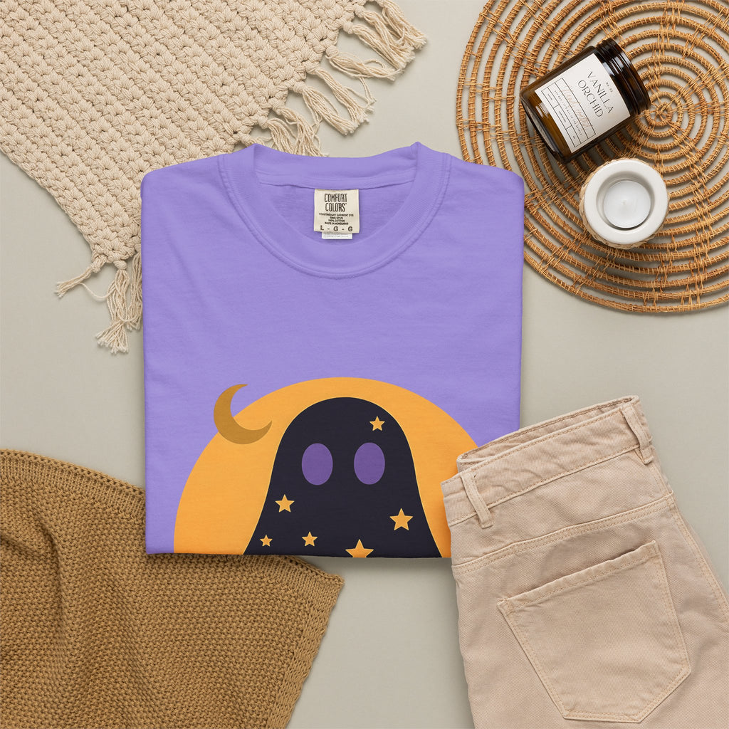 Ghost Halloween Spooky Gift Cute Specter Horror Fan Ghostly Macabre Minimalist Crescent T-Shirt