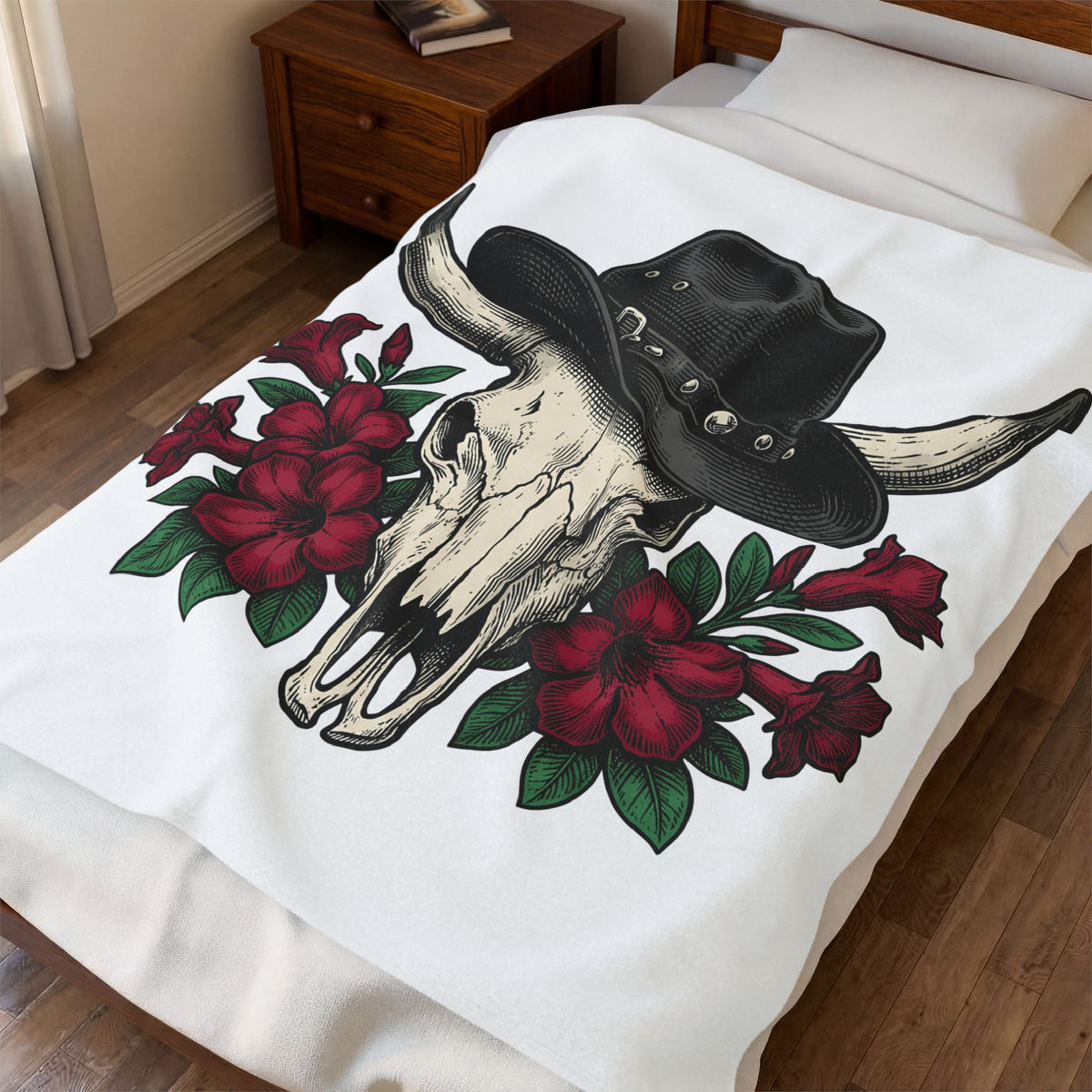 Bull Skull Hat Blanket Cowgirl Ranch Gift Women Line Art Blanket Skull Cap Blanket Cowgirl Fan Illustration Graphic Retro Crimson Blooms Blanket