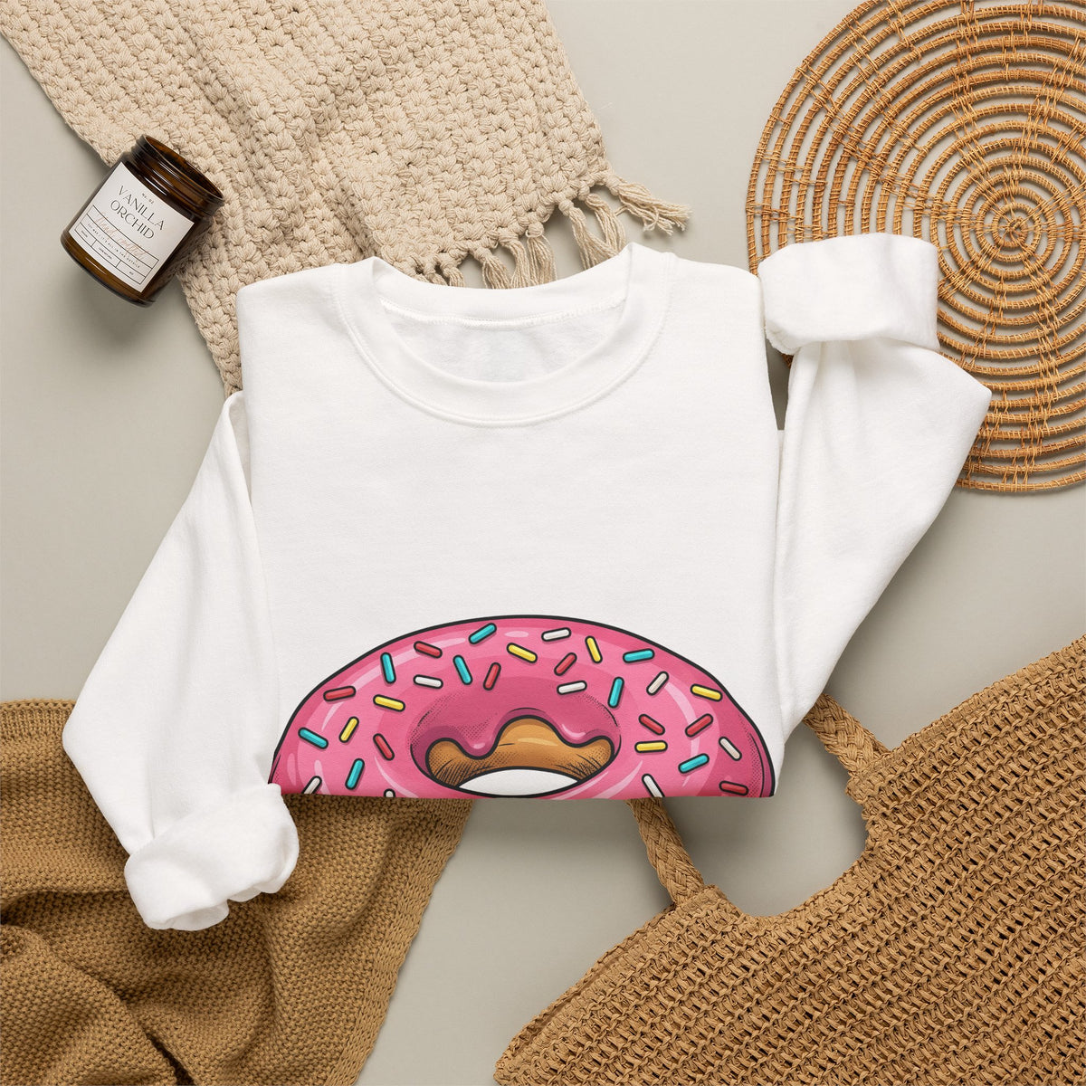 Donut Image Sweatshirt Desserts Cuisine Gift Women Comic Sweatshirt Doughnut Sweatshirt Pastry Fan Cartoon Sweatshirt Food Graphic Modern Nonpareils Sweatshirt
