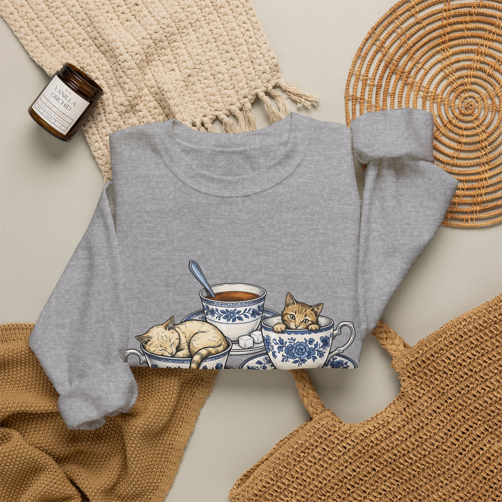 Cat Teacup Sweatshirt Cat Beverage Gift Women Retro Sweatshirt Kitty Sweatshirt Cat Fan Vintage Sweatshirt Coffee Graphic Sketch Flower Design Sweatshirt