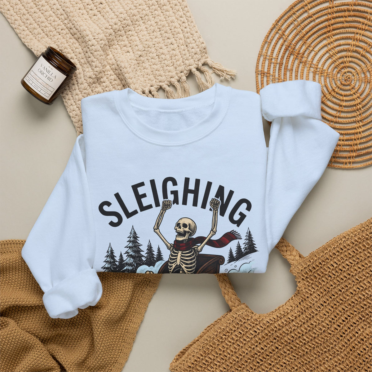 Bone Sleigh Sweatshirt Christmas Comedy Gift Women Shabby Chic Sweatshirt Sleigh Bell Sweatshirt Xmas Fan Distressed Sweatshirt Humor Graphic Doodle Fir Trees