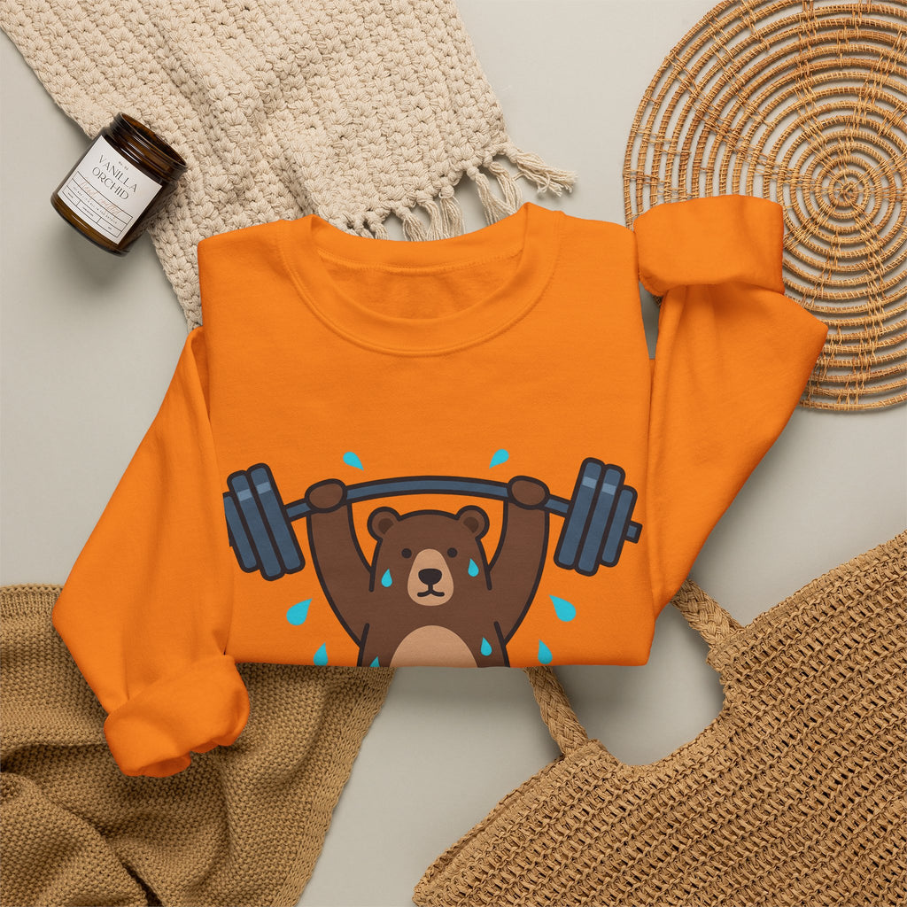 Bear Lifting Sweatshirt Fitness Workout Gift Women Comic Sweatshirt Grizzly Sweatshirt Gym Enthusiast Cartoon Sweatshirt Exercise Graphic Simple Weights Sweatshirt