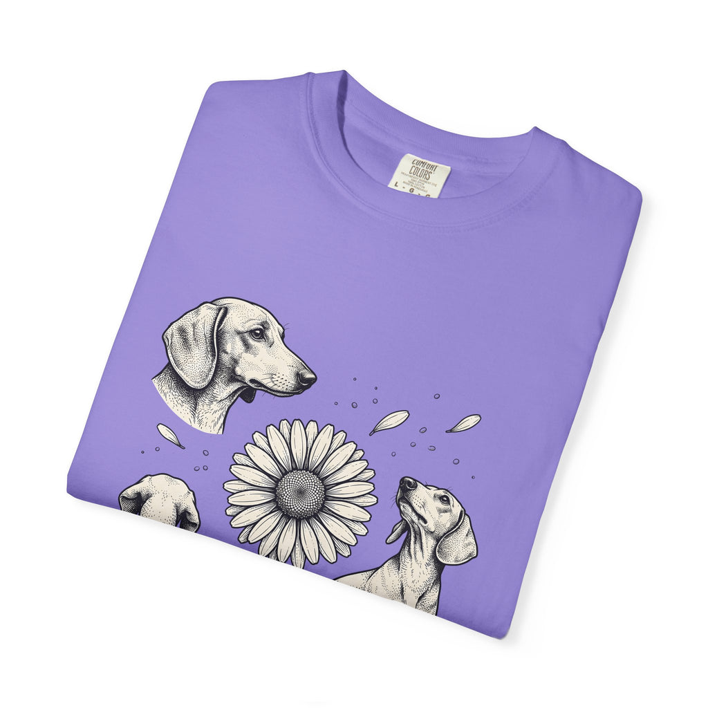 Dachshund Dog T-Shirt Dog Floral Gift Women Hand Drawn T-Shirt Wiener Dog T-Shirt Dog Fan Illustrated Design Vintage Daisy Flower T-Shirt