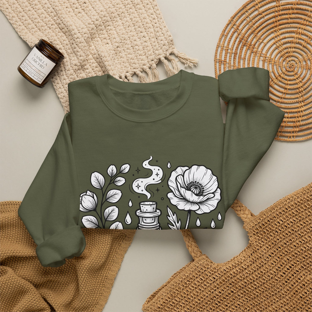 Magic Bottle Sweatshirt Halloween Spells Gift Women Sketch Sweatshirt Genie Bottle Sweatshirt Horror Fan Mystic Drawing Graphic Retro Flower Sweatshirt