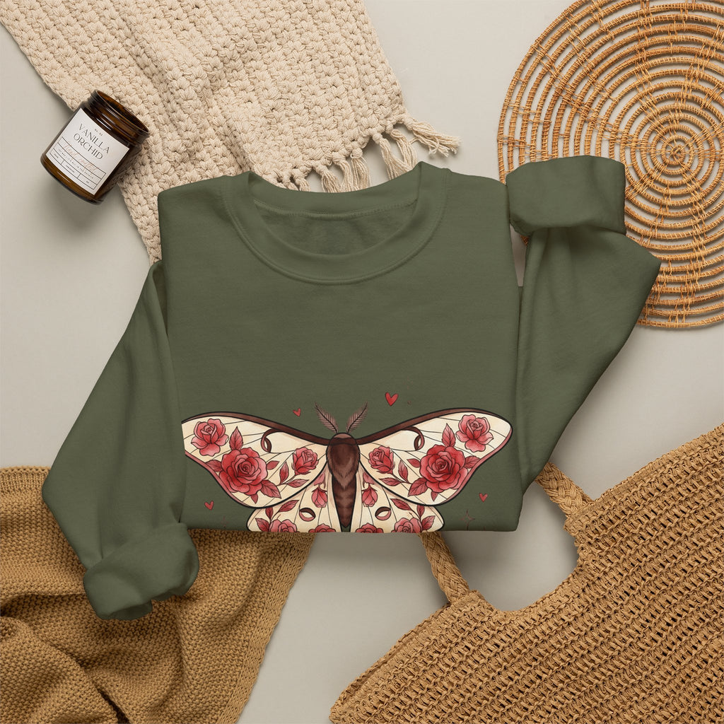 Moth Rose Sweatshirt St. Valentine's Day Floral Gift Women Boho Sweatshirt Rose Sweatshirt Valentine Fan Bohemian Sweatshirt Floral Graphic Tattoo Ribbon