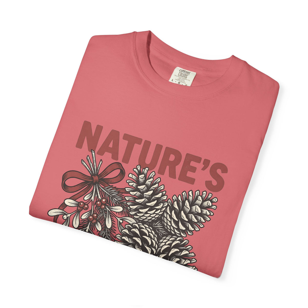Pinecone Twig T-Shirt Christmas Outdoors Gift Women Retro T-Shirt Branch T-Shirt Xmas Fan Evergreen Graphic T-Shirt Sketch Ribbon T-Shirt