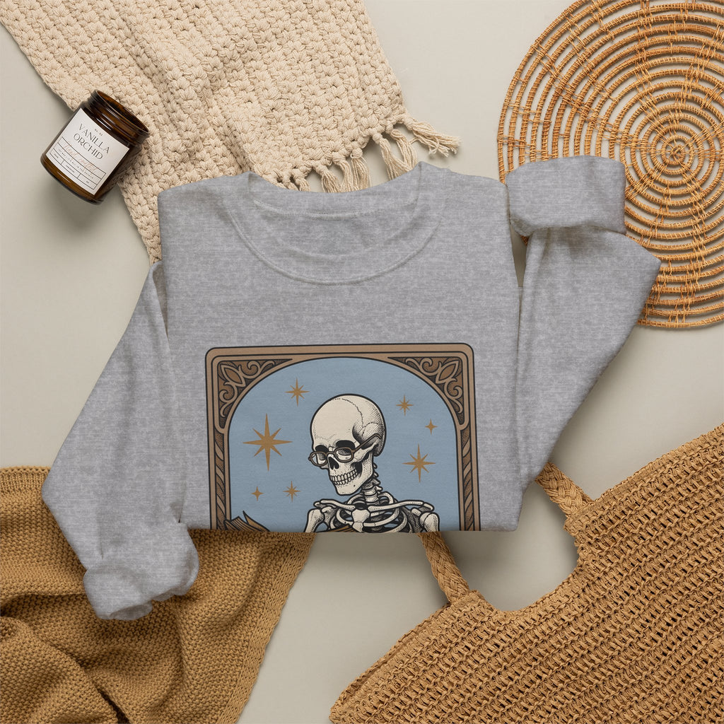 Skeleton Reading Book Sweatshirt Gothic Academic Gift Women Vintage Sweatshirt Skeleton Sweatshirt Dark Fan Retro Sweatshirt Scholar Graphic Tarot Coffee Cup