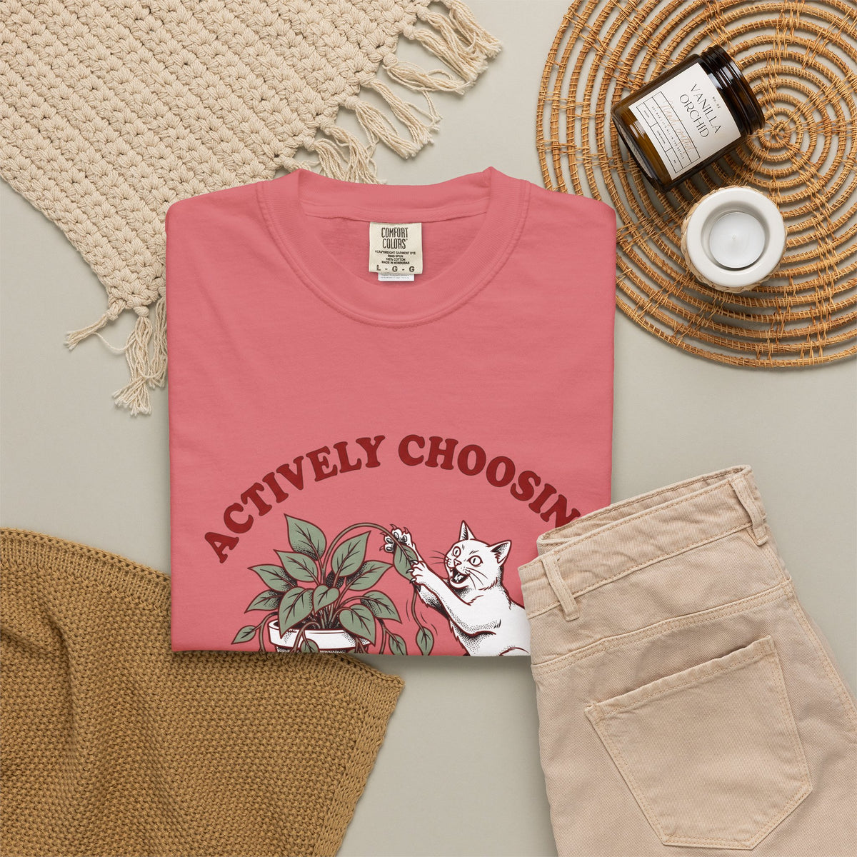 Feline Foliage T-Shirt Cat Comedy Gift Women Classic T-Shirt Cat Foliage T-Shirt Cat Fan Vintage T-Shirt Humor Graphic Ink Drawing Potted Plant