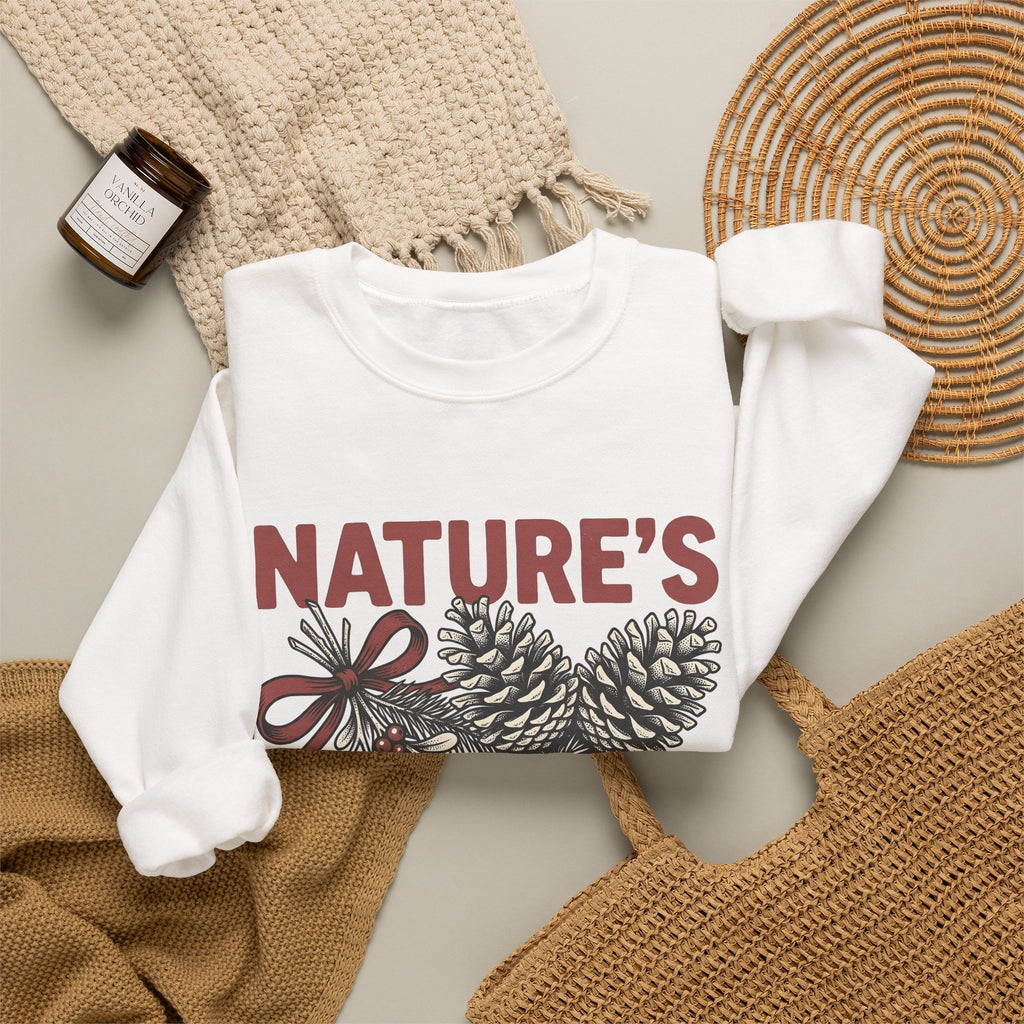 Pinecone Twig Sweatshirt Christmas Outdoors Gift Women Retro Sweatshirt Branch Sweatshirt Xmas Fan Evergreen Graphic Sweatshirt Sketch Ribbon Sweatshirt