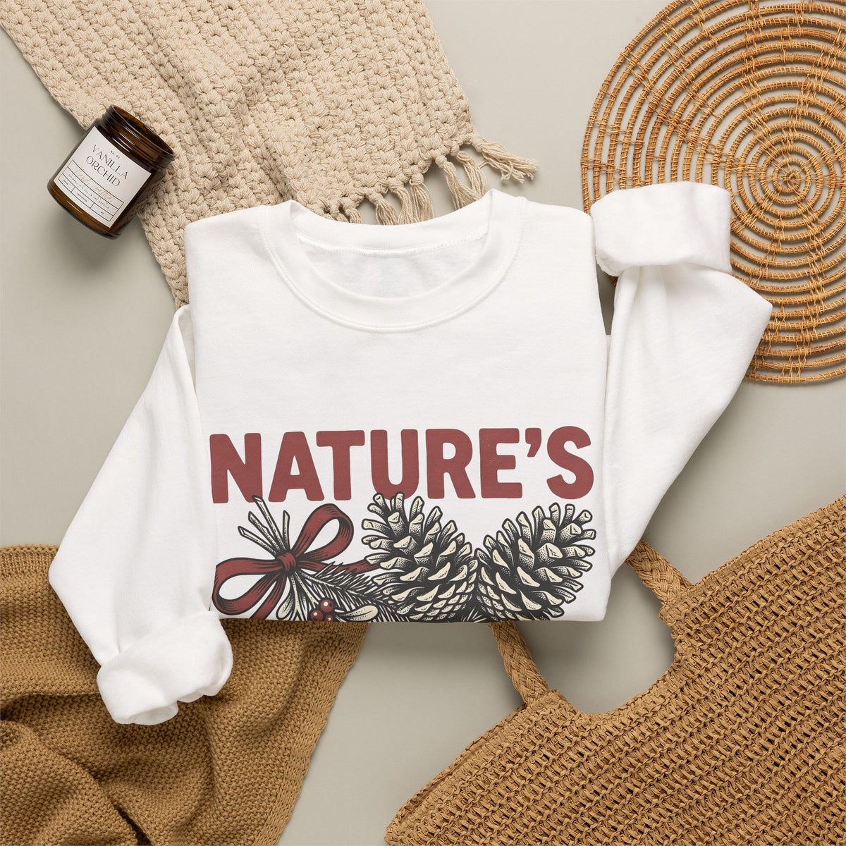 Pinecone Twig Sweatshirt Christmas Outdoors Gift Women Retro Sweatshirt Branch Sweatshirt Xmas Fan Evergreen Graphic Sweatshirt Sketch Ribbon Sweatshirt
